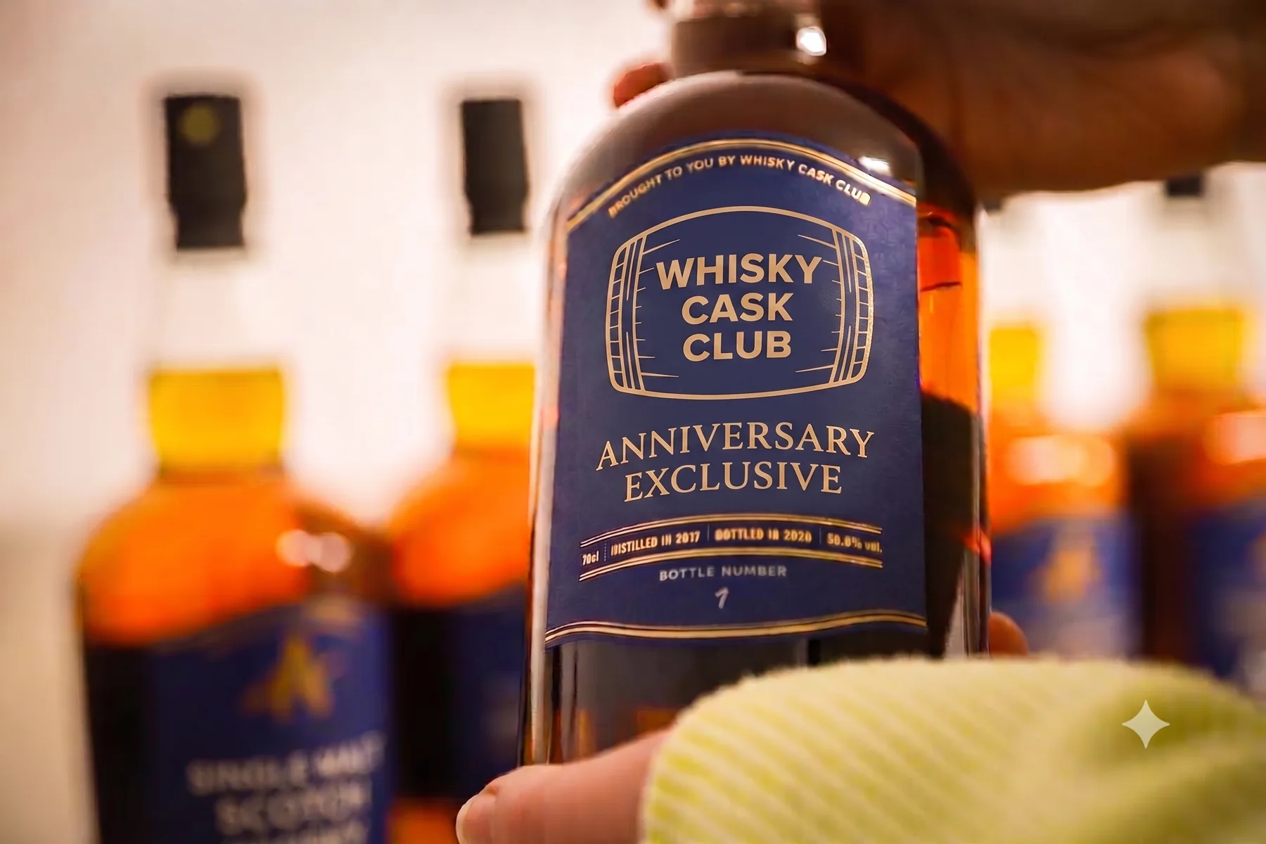Whisky Cask Club Anniversary Exclusive bottle, with its navy and gold label